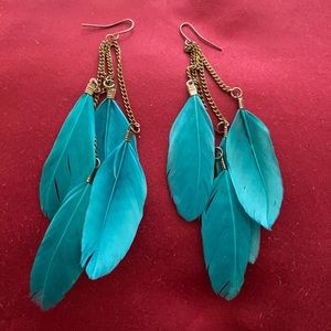 TURQUOISE TRIBAL FEATHERS DANGLING EARRINGS